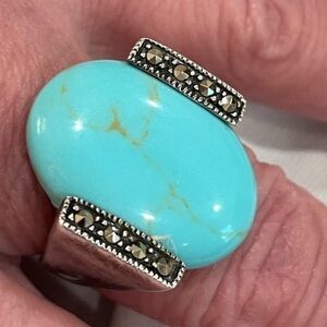 Size 9 Turquoise, Marcasite and 925 Sterling Statement Cocktail Ring